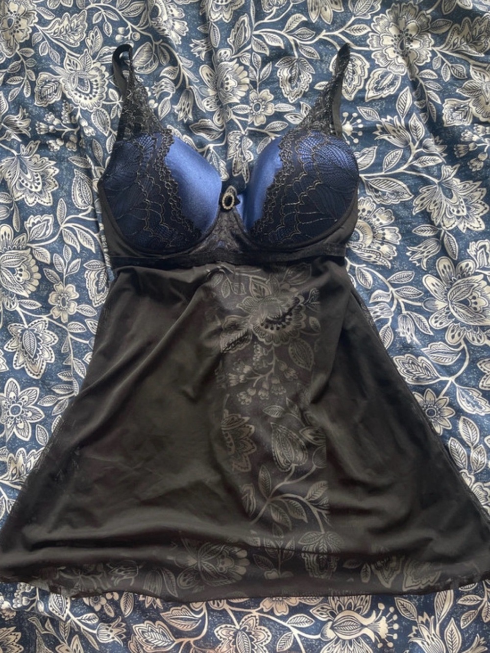 Satin Navy & Black Lace Chemise - Women's Intimates